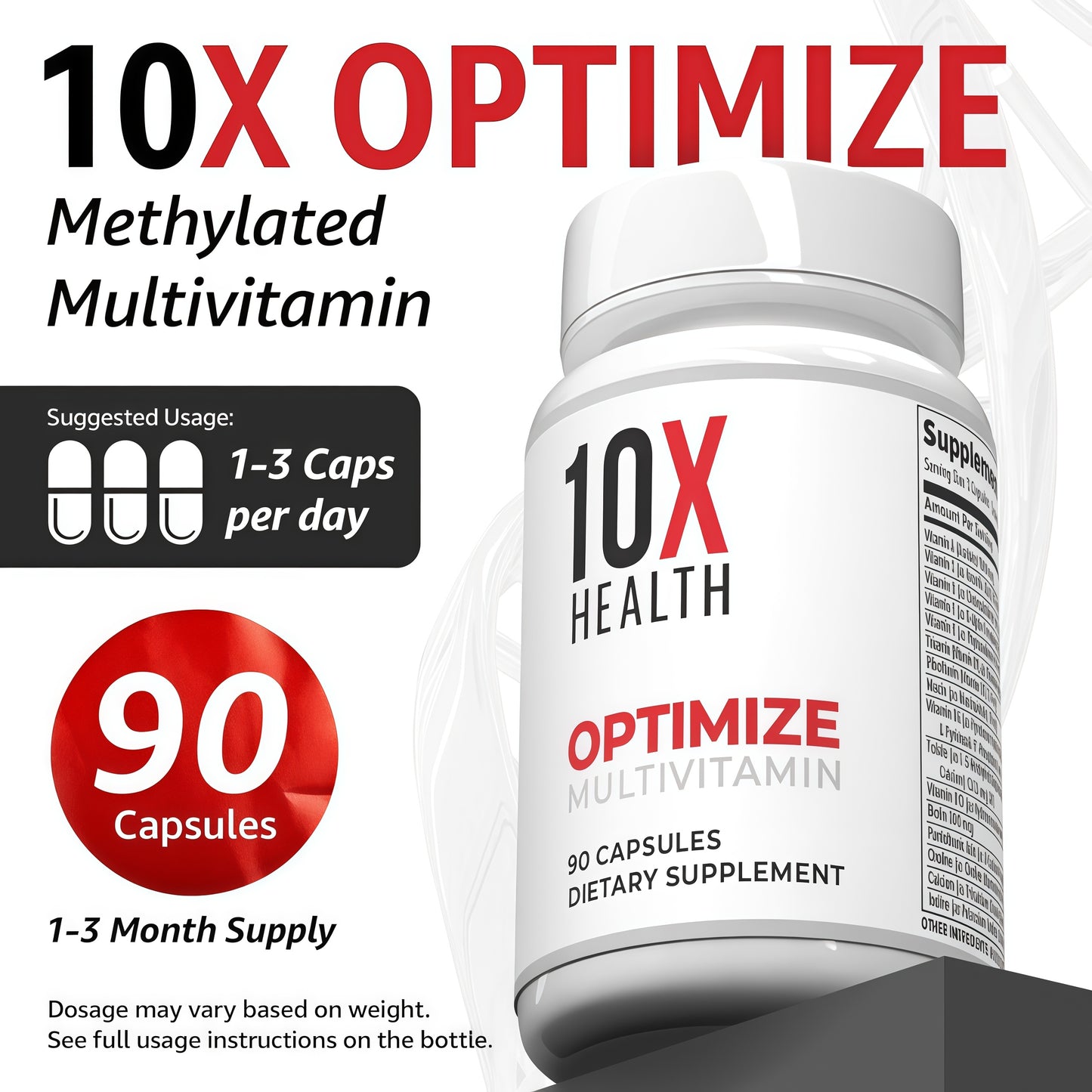 10X Health Optimize Multivitamin for Men - 90 Capsules, Methylated Multivitamin 34 in 1 Formula with 800 mcg of Vitamin B12, 5-MTHF, NAC - Methyl B Complex, MTHFR Supplement